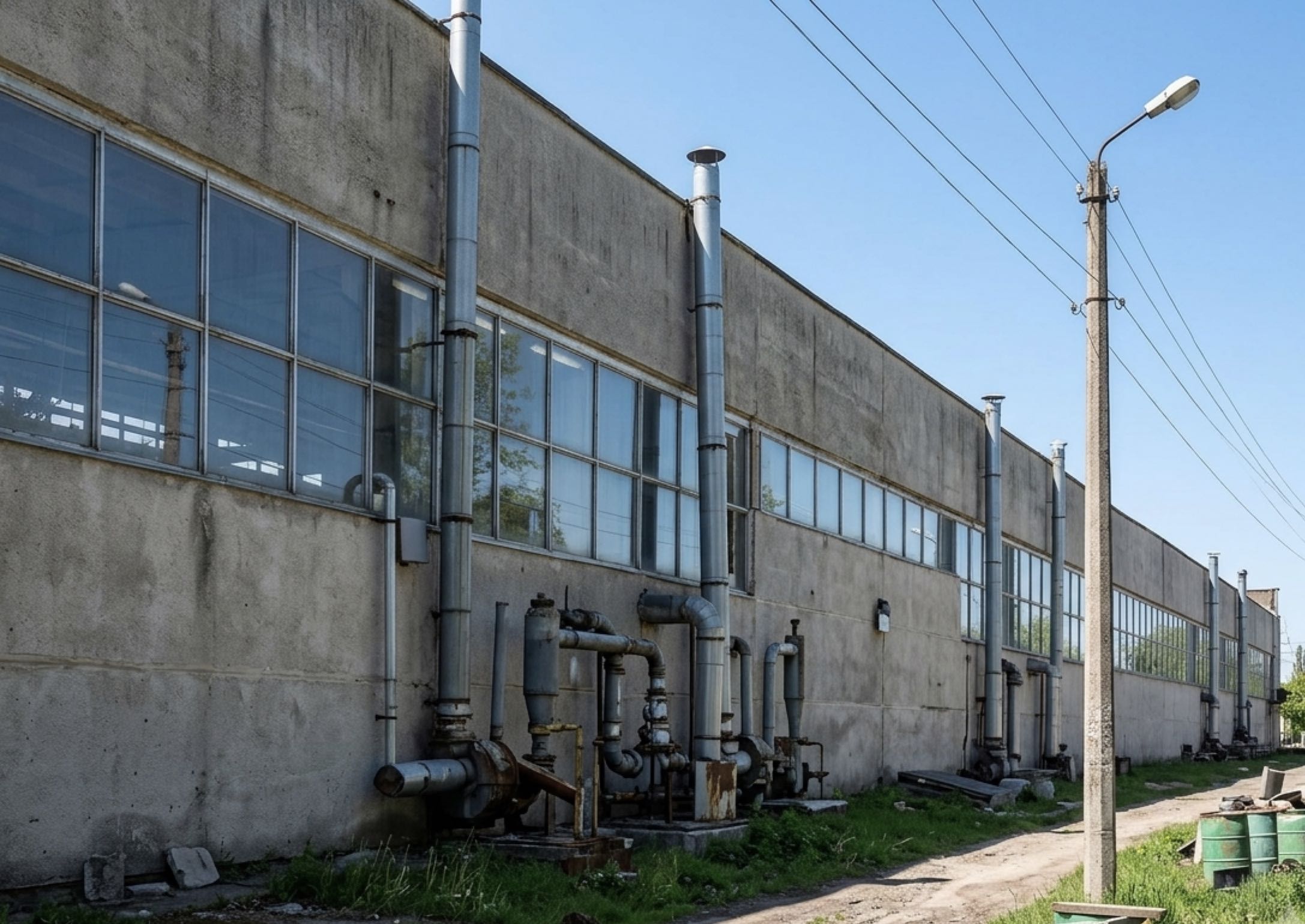 Стіна корпусу зі склінням і винесеним назовні технологічним обладнанням: труби, вентилятори, ліхтар вуличного освітлення