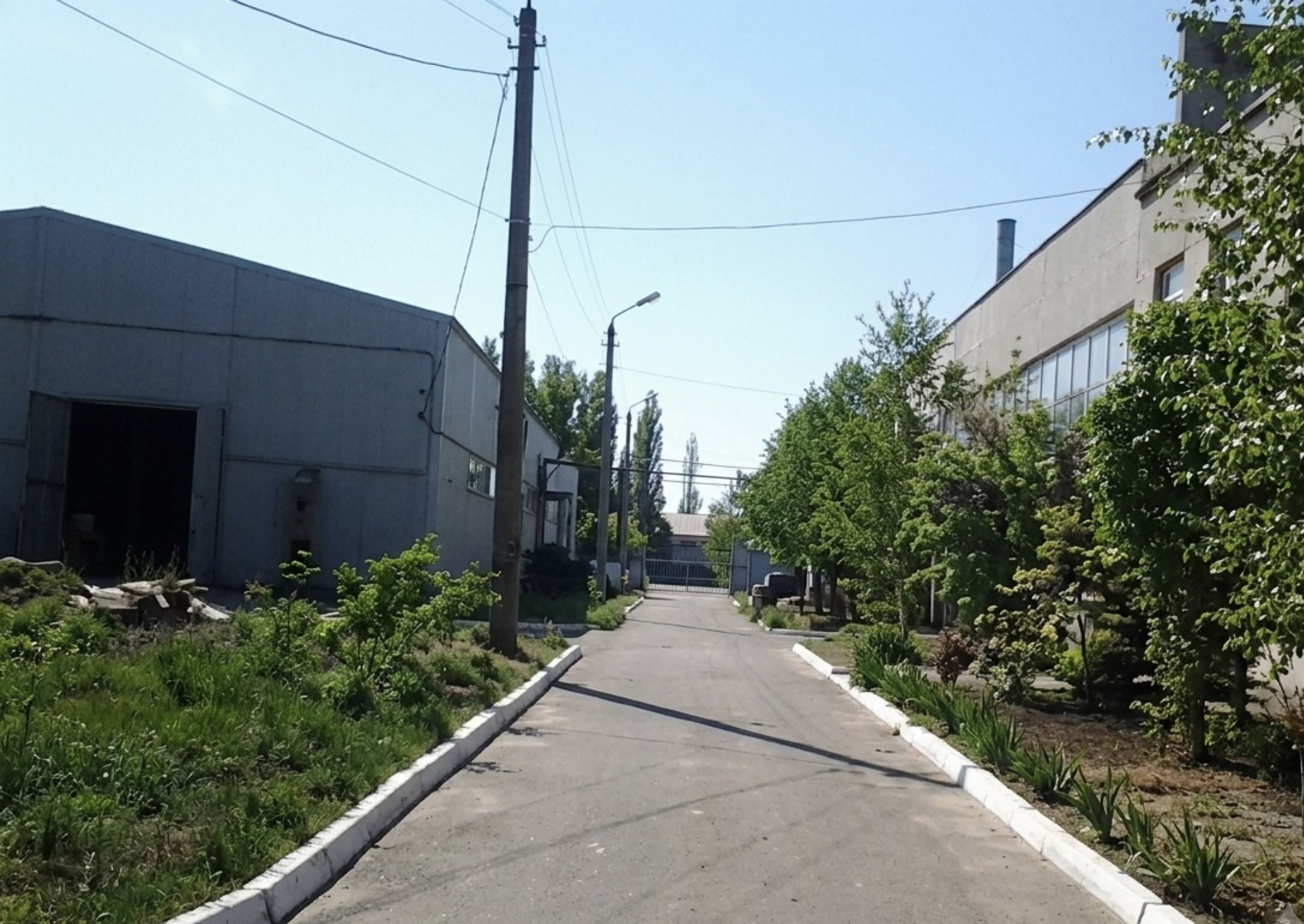 Внутрішній проїзд із бордюрами і зеленими насадженнями, ліворуч - складський блок із відчиненими воротами, у глибині - в'їзна брама